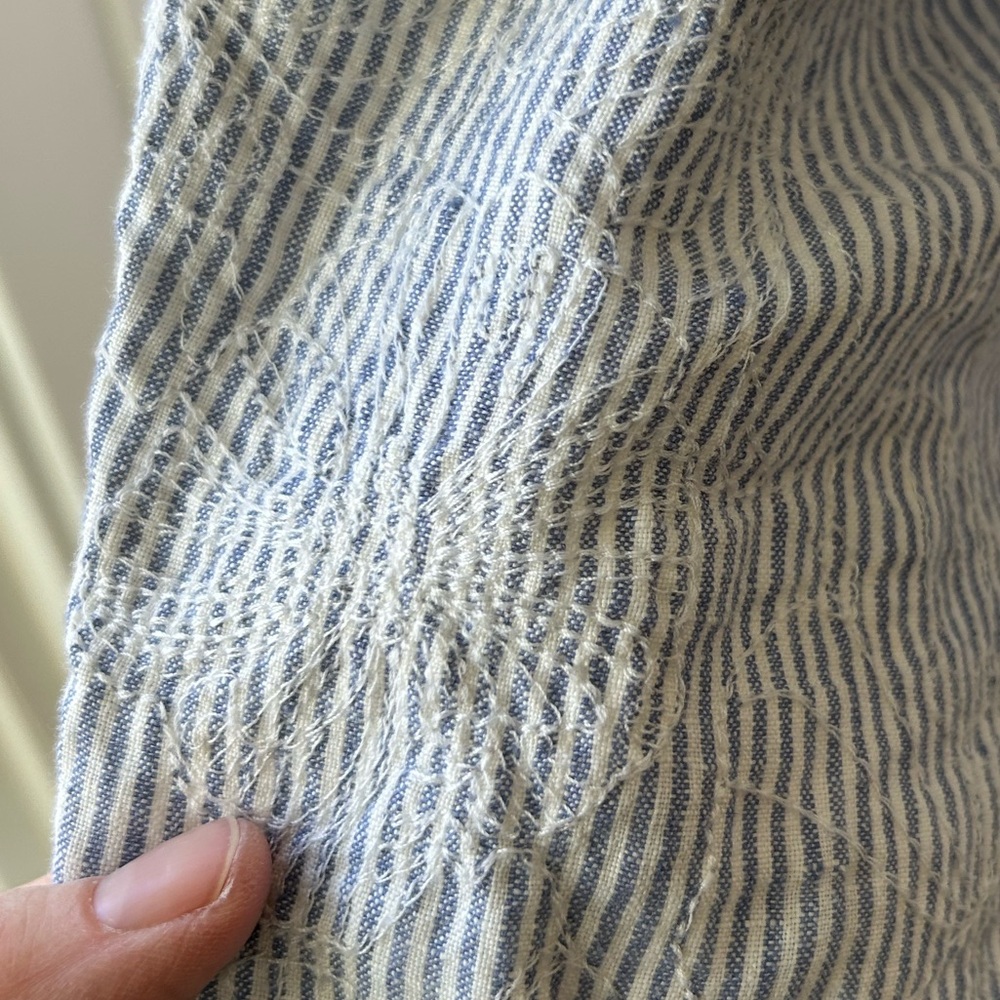 FLAX Blouse Striped Gray Blue Button-Up Linen Top Embroidered Floral Size M - Picture 3 of 9